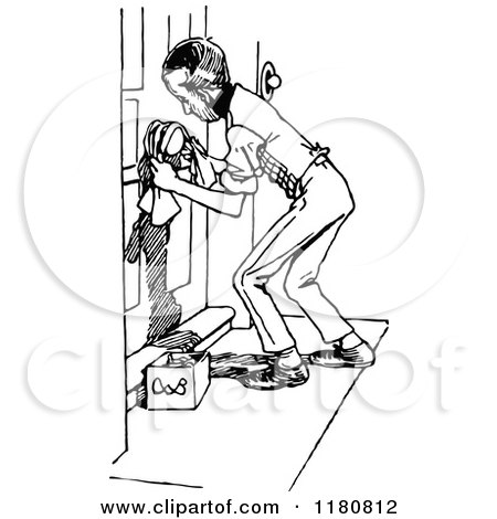 Clipart of a Retro Vintage Black and White Man Cleaning a Door - Royalty Free Vector Illustration by Prawny Vintage