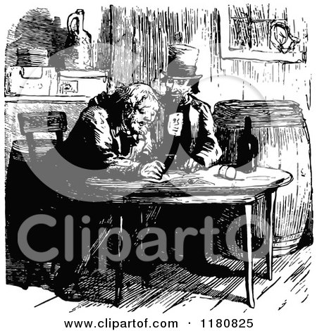 Clipart of Retro Vintage Black and White Men at a Table - Royalty Free Vector Illustration by Prawny Vintage