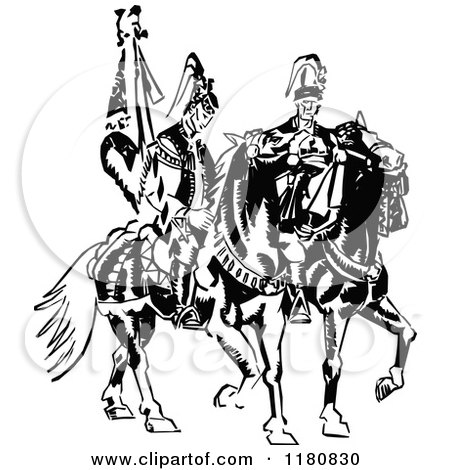 Clipart of Retro Vintage Black and White Men on Horseback - Royalty Free Vector Illustration by Prawny Vintage