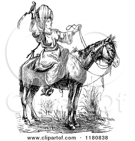 Clipart of a Retro Vintage Black and White Man with a Knife on Horseback - Royalty Free Vector Illustration by Prawny Vintage