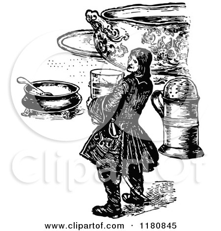 Clipart of a Retro Vintage Black and White Small Man and Food - Royalty Free Vector Illustration by Prawny Vintage