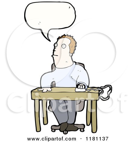 Cartoon of a Man at a Computer Desk Speaking - Royalty Free Vector Illustration by lineartestpilot