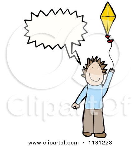Cartoon of a Boy Flying a Kite Speaking - Royalty Free Vector Illustration by lineartestpilot