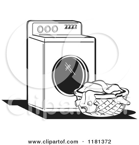 Cartoon of a Black and White Retro Washing Machine and Laundry - Royalty Free Vector Clipart by Andy Nortnik