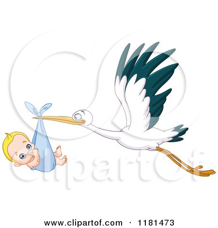 Cartoon of a Baby Boy Sucking His Thumb in a Stork Bundle - Royalty Free Vector Clipart by yayayoyo
