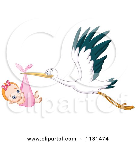 Cartoon of a Baby Girl Sucking Her Thumb in a Stork Bundle - Royalty Free Vector Clipart by yayayoyo