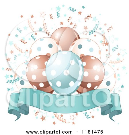 Cartoon of a Banner Under Blue Brown and White Party Balloons and Confetti - Royalty Free Vector Clipart by Pushkin