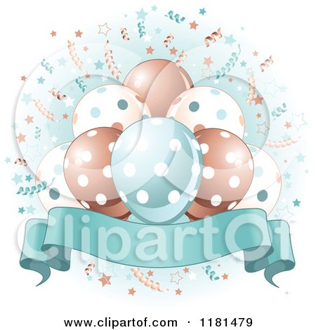 Cartoon of a Banner Under Party Balloons and Confetti with Blue - Royalty Free Vector Clipart by Pushkin
