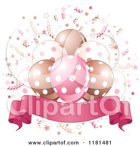 Cartoon of a Banner Under Pink Brown and White Party Balloons and Confetti - Royalty Free Vector Clipart by Pushkin