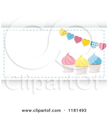 Clipart of Colorful Cupcakes and Heart Banner with Copyspace over Hexagons - Royalty Free Vector Illustration by elaineitalia