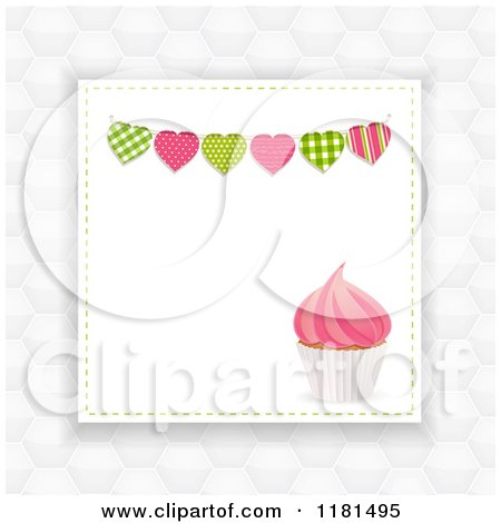 Clipart of a Pink Cupcake and Heart Banner with Copyspace over Hexagons - Royalty Free Vector Illustration by elaineitalia