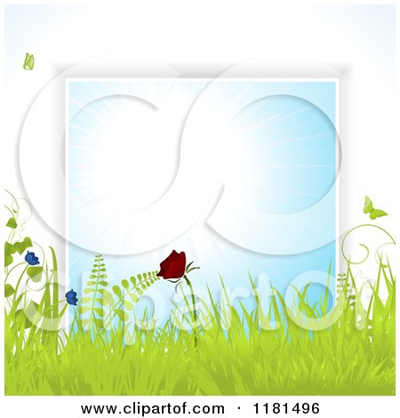 Clipart of a Butterfly with Grasses and Flowers over a Blue Burst - Royalty Free Vector Illustration by elaineitalia