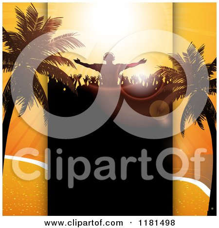 Clipart of a Silhouetted Dj and Crowd with Palm Trees and Copyspace over a Beach Scene - Royalty Free Vector Illustration by elaineitalia