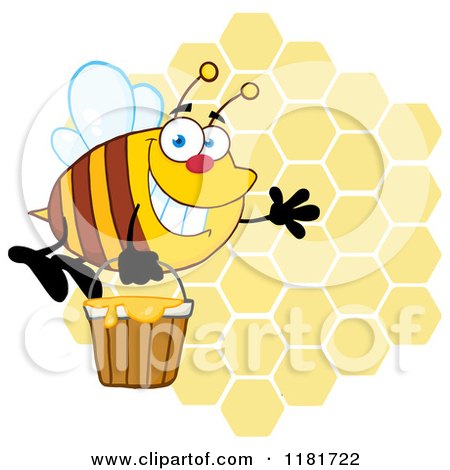 Cartoon of a Happy Waving Bee Flying with a Honey Bucket over Honeycombs - Royalty Free Vector Clipart by Hit Toon