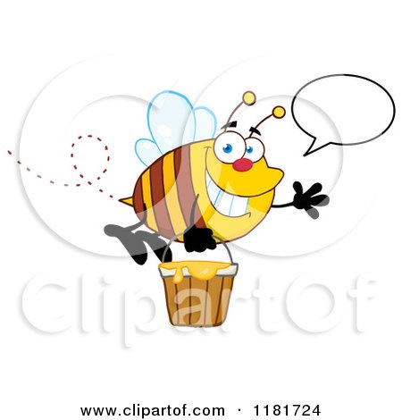 Cartoon of a Happy Talking Waving Bee Flying with a Honey Bucket - Royalty Free Vector Clipart by Hit Toon