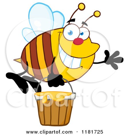 Cartoon of a Happy Waving Bee Flying with a Honey Bucket - Royalty Free Vector Clipart by Hit Toon