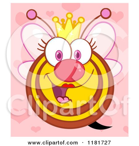 Cartoon of a Happy Queen Bee over Pink with Hearts - Royalty Free Vector Clipart by Hit Toon