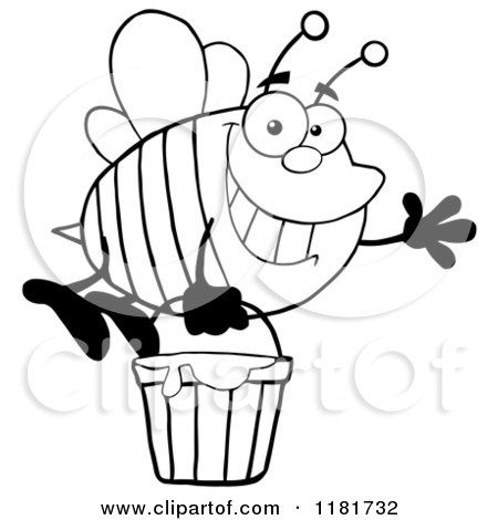 Cartoon of a Happy Waving Black and White Bee Flying with a Honey Bucket - Royalty Free Vector Clipart by Hit Toon
