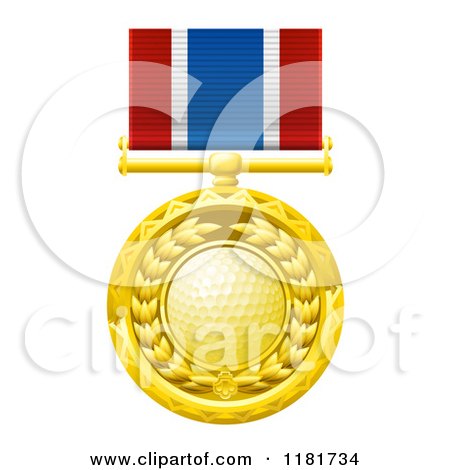 Clipart of a Gold Golf Ball Medal on a Ribbon - Royalty Free Vector Illustration by AtStockIllustration