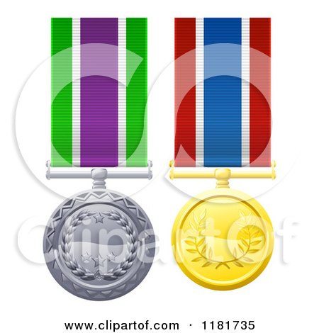 Clipart of Silver and Gold Military Style Medals on Striped Ribbons - Royalty Free Vector Illustration by AtStockIllustration