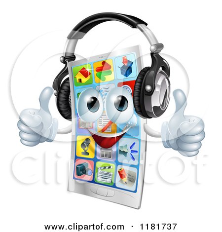 Clipart of a Happy Smart Phone Holding Two Thumbs up and Wearing Headphones - Royalty Free Vector Illustration by AtStockIllustration