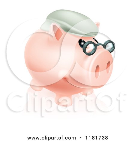 Cartoon of a Pension Piggy Bank with Glasses and a Hat - Royalty Free Vector Clipart by AtStockIllustration