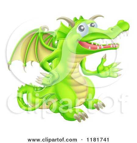 Cartoon of a Presenting Green Dragon - Royalty Free Vector Clipart by AtStockIllustration