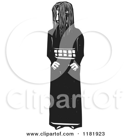 Clipart of a Shy Girl Black and White Woodcut - Royalty Free Vector Illustration by xunantunich