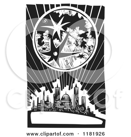 Clipart of a Cratered Moon over a City Black and White Woodcut - Royalty Free Vector Illustration by xunantunich