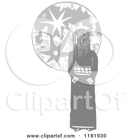 Clipart of a Shy Girl and the Moon Woodcut - Royalty Free Vector Illustration by xunantunich