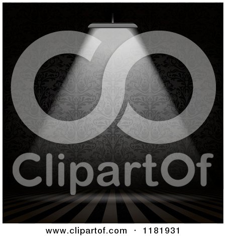 Clipart of a 3d Light Shining on a Dark Room with Striped Floors and Damask Wallpaper - Royalty Free Vector Illustration by KJ Pargeter