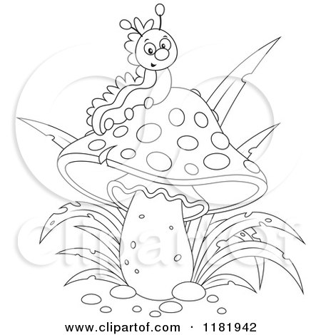 Cartoon of an Outlined Caterpillar on a Mushroom - Royalty Free Vector Clipart by Alex Bannykh