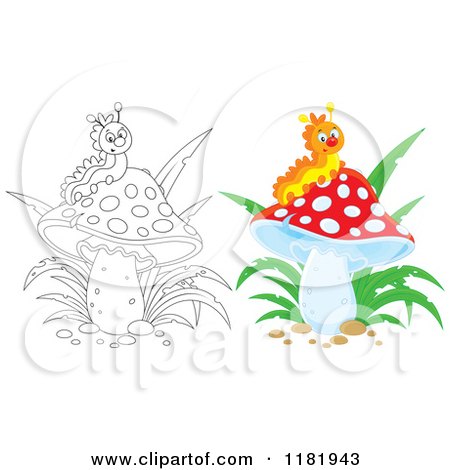 Cartoon of an Outlined and Colored Happy Caterpillar on a Mushroom - Royalty Free Vector Clipart by Alex Bannykh