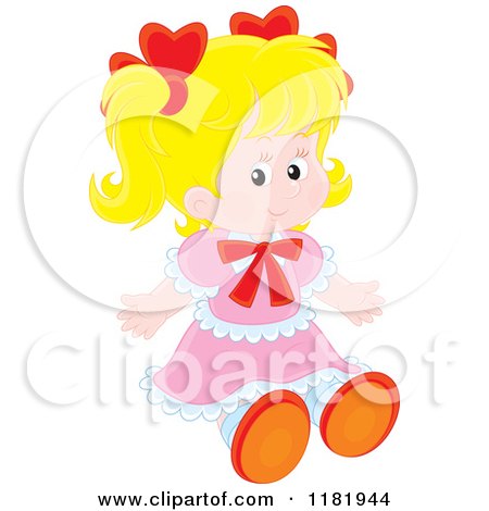 Cartoon of a Sitting Cute Blond Girl in a Pink Dress - Royalty Free Vector Clipart by Alex Bannykh