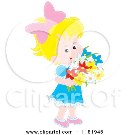 Cartoon of a Cute Blond Girl Holding a Bouquet of Flowers - Royalty Free Vector Clipart by Alex Bannykh
