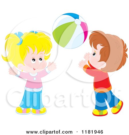 Cartoon of a Girl and Boy Playing with a Ball - Royalty Free Vector Clipart by Alex Bannykh