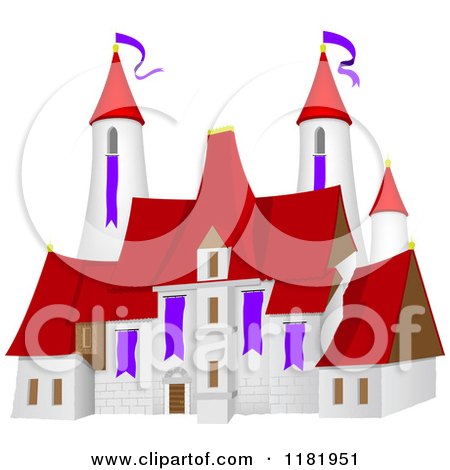 Clipart of a 3d Castle with a Red Roof and Purple Flags - Royalty Free Vector Illustration by dero