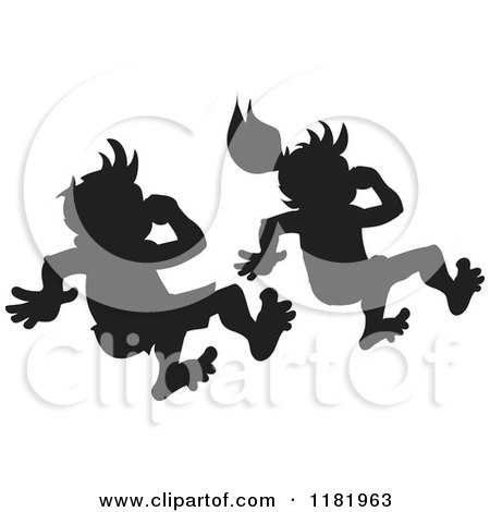 Clipart of a Silhouetted Swimmer Boy and Girl Plugging Their Noses and Jumping - Royalty Free Vector Illustration by Johnny Sajem