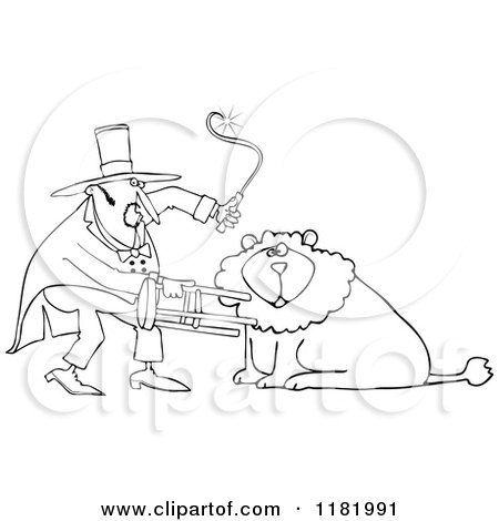 Cartoon of an Outlined Circus Lion Tamer Holding a Stool and Whip - Royalty Free Vector Clipart by djart