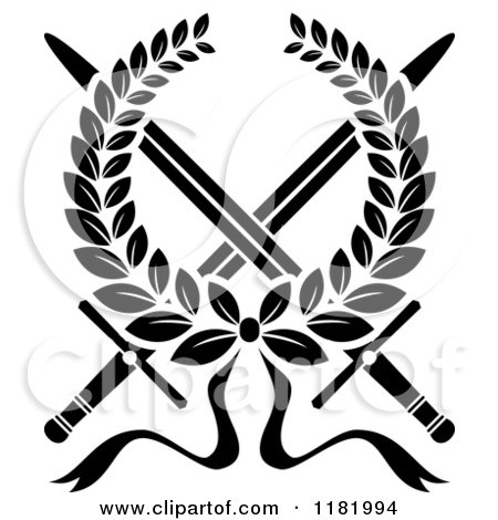 Clipart of a Heraldic Black and White Laurel Wreath over Crossed Swords - Royalty Free Vector Illustration by Vector Tradition SM