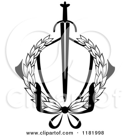 Clipart of a Heraldic Sword Through a Black and White Laurel Wreath - Royalty Free Vector Illustration by Vector Tradition SM