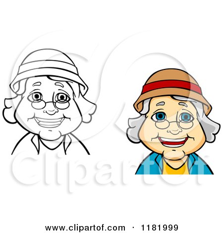 Cartoon of a Happy Colored and Black and White Senior Woman with Glasses and a Hat - Royalty Free Vector Clipart by Vector Tradition SM