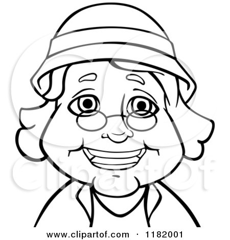 Cartoon of a Black and White Happy Senior Woman with Glasses and a Hat - Royalty Free Vector Clipart by Vector Tradition SM
