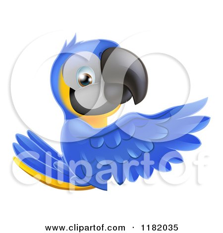 Cartoon of a Happy Blue and Yellow Macaw Parrt Presenting a Sign - Royalty Free Vector Clipart by AtStockIllustration