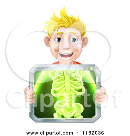 Cartoon of a Happy Blond Man Holding an Xray Screen over His Torso - Royalty Free Vector Clipart by AtStockIllustration
