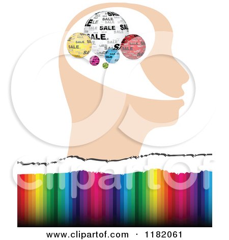 Clipart of a Profiled Head with Colorful Sale Globes over Colors - Royalty Free Vector Illustration by Andrei Marincas