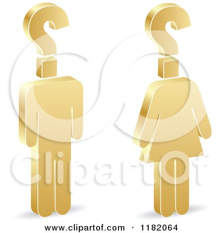 Clipart of a 3d Gold Man and Woman with Question Mark Heads - Royalty Free Vector Illustration by Andrei Marincas