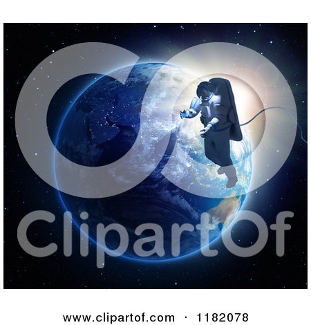 Clipart of a 3d Astronaut Doing a Space Walk Against Earth at Sunrise - Royalty Free CGI Illustration by Mopic