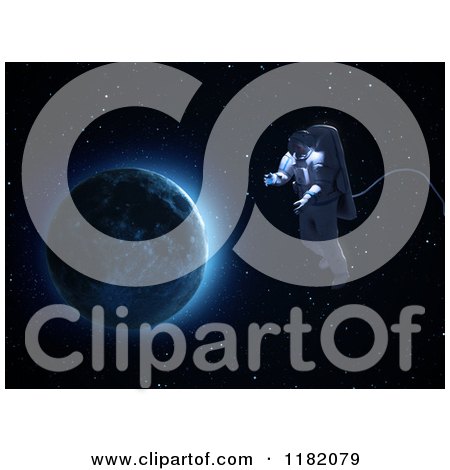 Clipart of a 3d Astronaut Doing a Space Walk with the Moon in the Distance - Royalty Free CGI Illustration by Mopic