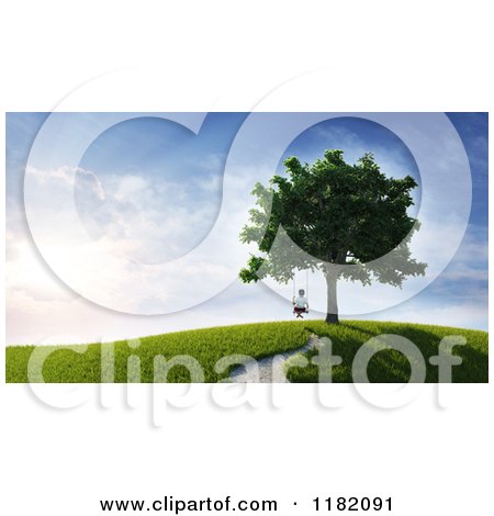 Clipart of a 3d Lone Boy Swinging from a Tree on a Hill at Sunset - Royalty Free CGI Illustration by Mopic